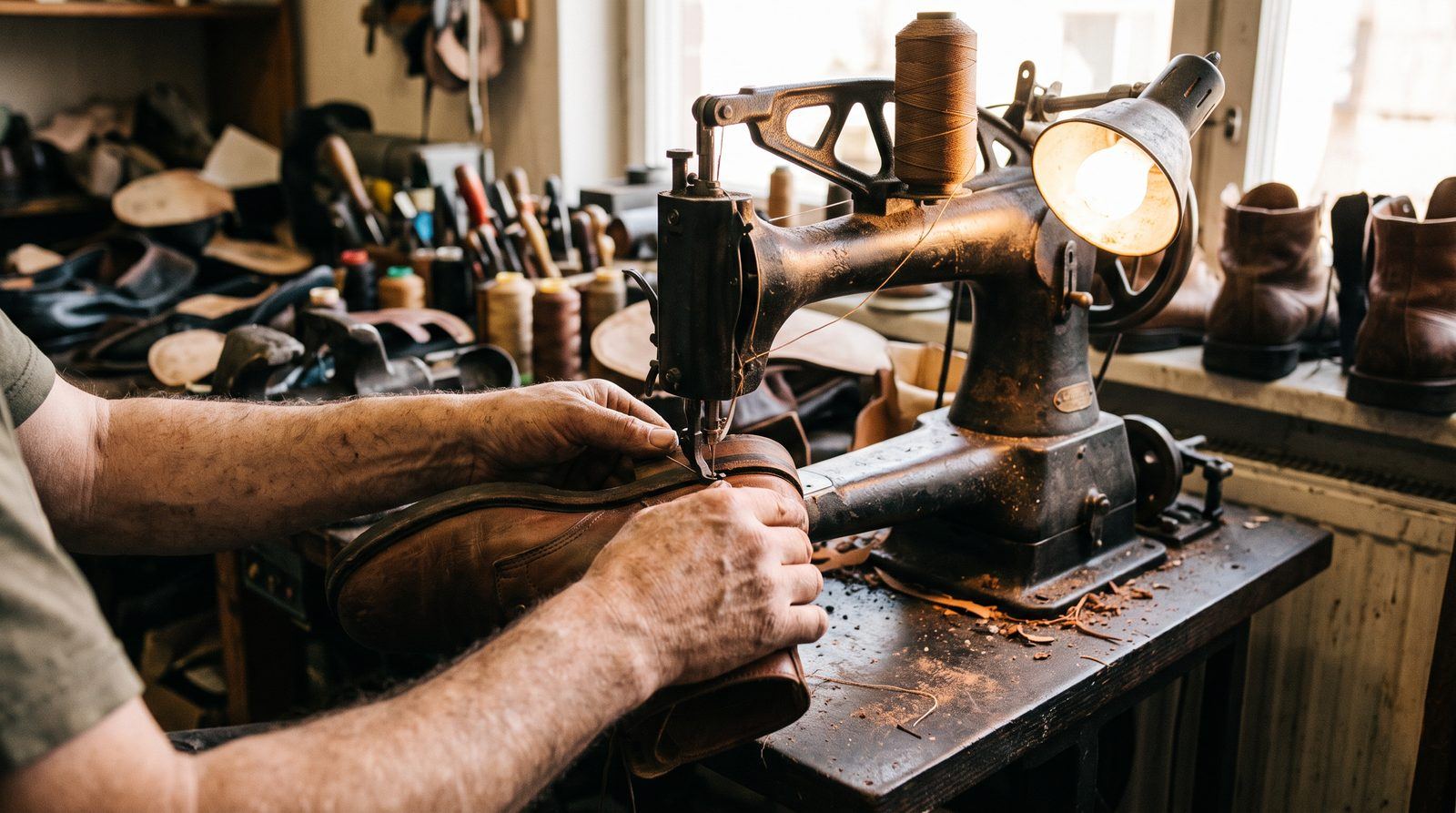 A cobbler's hands feeding a brown leather boot under the presser foot of an old cast iron sole stitching machine, leather dust on the machine bed.