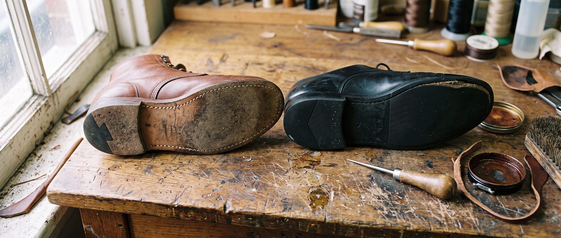 Two worn shoes lying soles-up side by side on a cobbler's bench by a window. The brown boot on the left has a row of stitching running round the edge of its leather sole. The black shoe on the right has a smooth black sole with no stitching anywhere.