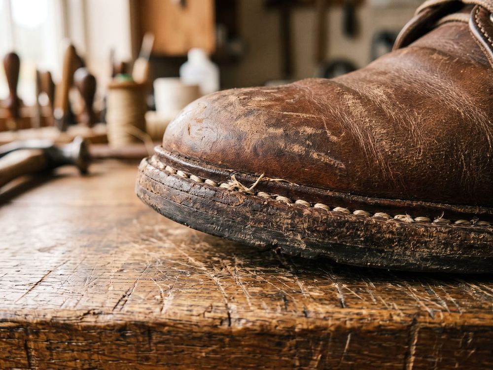 Close view of the edge of a brown leather shoe where the sole meets the upper. A continuous row of stitching runs around the welt.