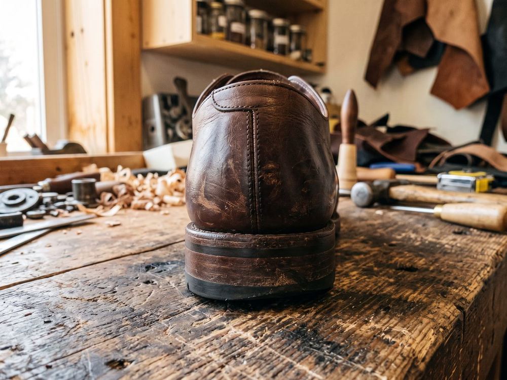 The back of a brown leather shoe heel. The black rubber top lift is worn to a slant at the outer corner, but the stacked leather underneath is still square.