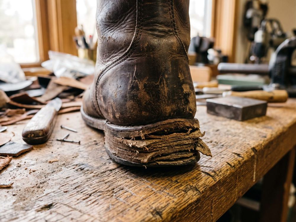 The back of a badly worn shoe heel. The rubber lift is gone and the stacked leather lifts underneath are crushed and splaying outward.