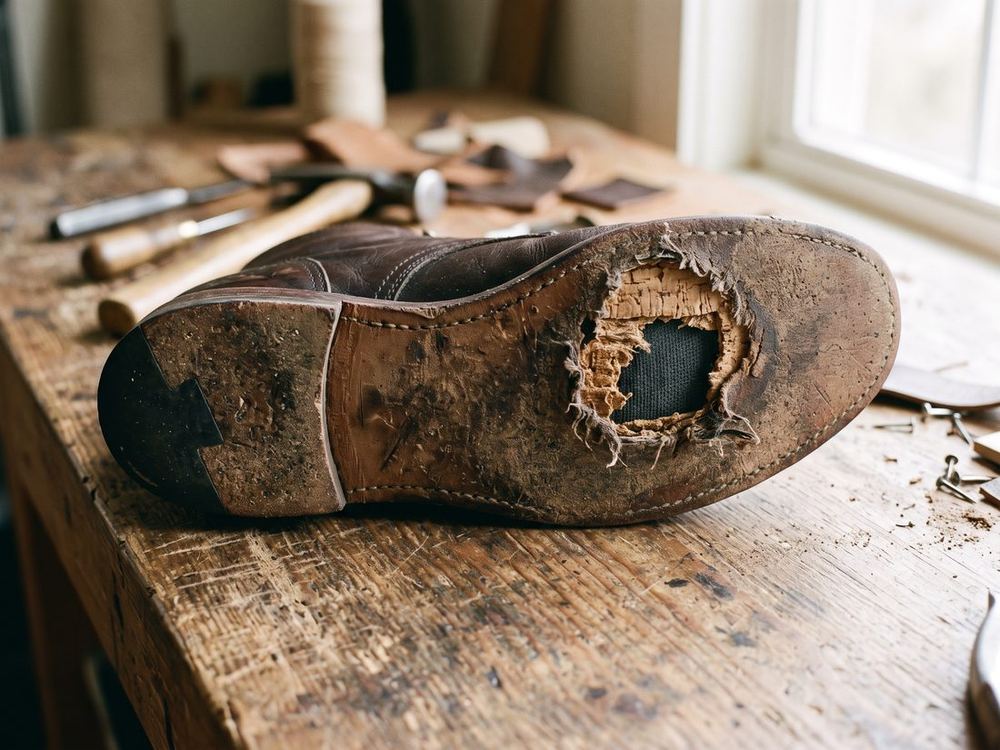 The underside of a leather sole with a ragged hole worn through at the ball of the foot, showing pale cork filling inside the shoe.