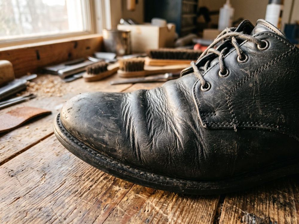 Close view of the front of a black leather shoe showing deep parallel creases across the flex point. The finish is dull but the leather is unbroken.