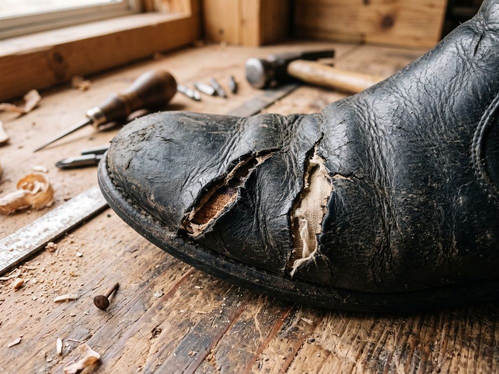 Close view of an old black leather shoe where the creases have split open, showing pale lining through the cracks.