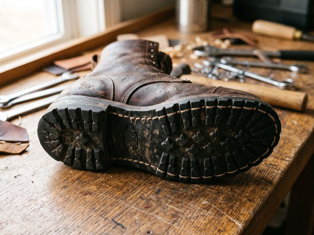 The side of a heavy brown work boot showing a thick lugged rubber outsole stitched to a leather midsole with heavy visible thread.