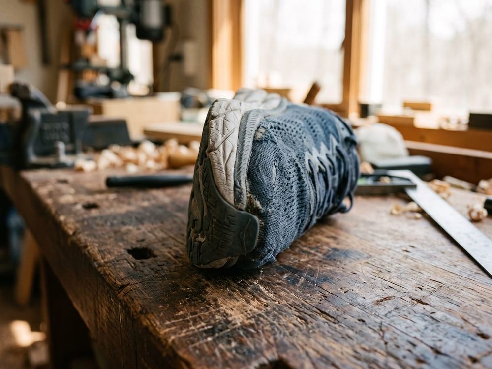 A worn knitted running shoe on a workbench. Its sole is one continuous moulded foam and rubber unit fused straight onto the knitted upper, with no seam or stitching along the join.