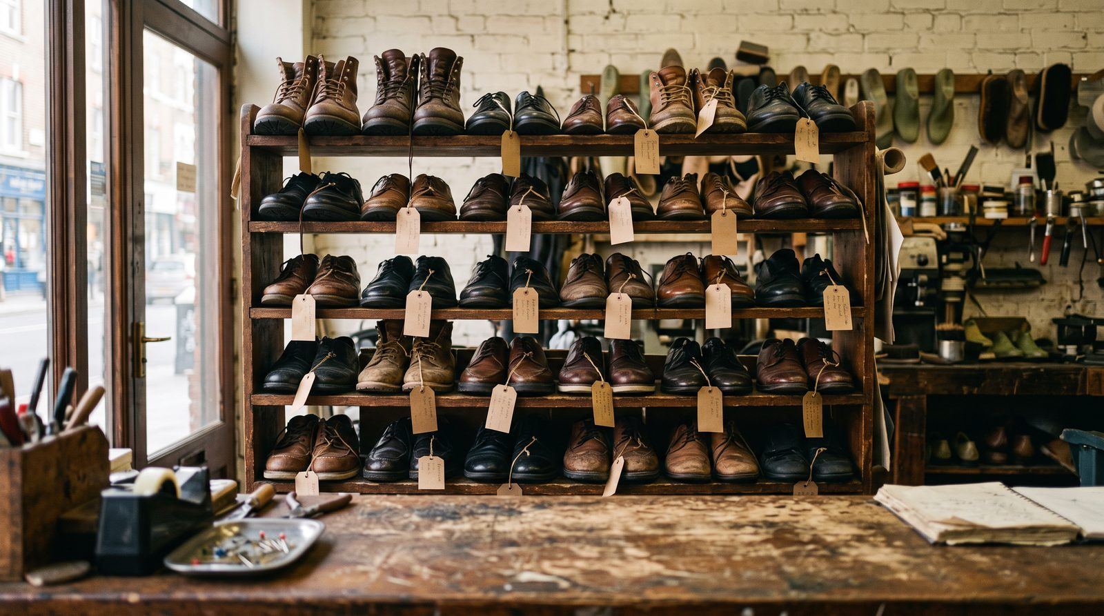 Finished shoes and boots in pairs on wooden shelves behind a shop counter, each pair with a small paper claim tag tied to it.